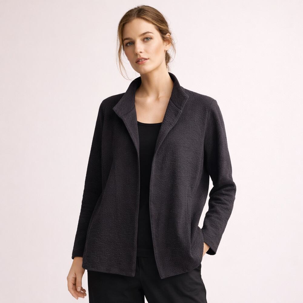 NEW Eileen Fisher Wool Blend Blazer Womens S Black Textured Open Career Work